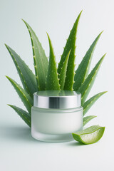 Glass cosmetic jar with aloe vera leaves and water drops - natural skincare concept symbolizing hydration, freshness and clean beauty