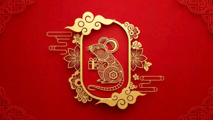 Golden rat zodiac sign in ornate frame on vibrant red background, symbolizing chinese new year celebration and prosperity in the year of the rat