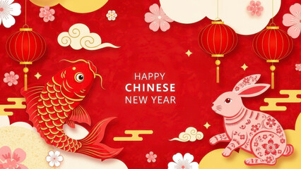 Happy chinese new year greeting card design featuring a traditional red carp fish and a cute pink rabbit illustration against a vibrant red background with lanterns and clouds
