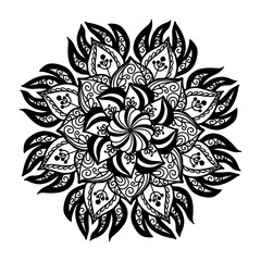 Hand-drawn Mandala design, mandala art, nature mandala with floral and abstract lines. Black and white background with mandala design to textiles, henna painting and background for your art. No ai.