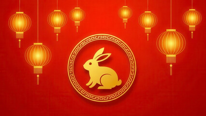 Golden rabbit silhouette inside a circular frame with traditional glowing orange chinese lanterns hanging against a vibrant red background for chinese new year celebration