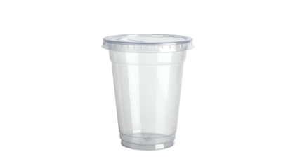 Clear, plastic cup with lid, presented against a black background