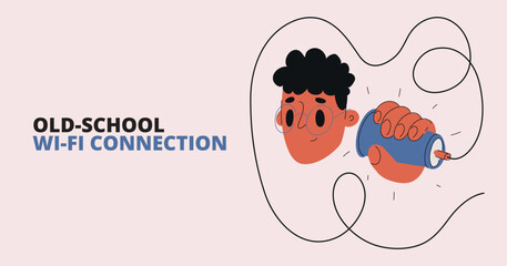 Vector illustration of a man connected with a cup like an old-school message line