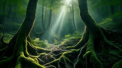 Sunlight streams through the forest canopy creating a magical atmosphere. - Powered by Adobe