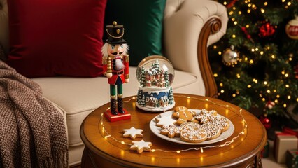 Christmas scene with a small table, nutcracker, snow globe, and festive cookies near a cozy sofa, Christmas holiday
