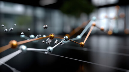 This image showcases a dynamic representation of data with vibrant spheres and lines, symbolizing the connectedness of information in a modern workspace environment.