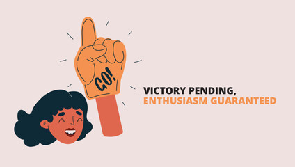 Vector illustration of woman with foam hand raising a finger, symbolizing attention, support, and enthusiasm