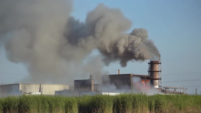 Factory emitting large amounts of smoke into the atmosphere, pollution.