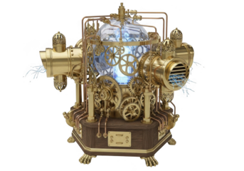 Steampunk ornate machine with glowing orb isolated on transparent background for sci fi and fantasy concepts