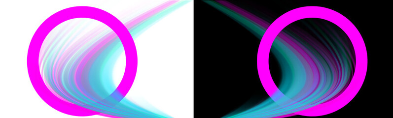 Two circles with pink outlines and blue and pink streams on a black background abstract design