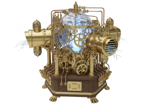 Steampunk ornate machine with glowing orb isolated on transparent background for sci fi and fantasy concepts