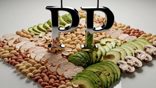 3D Metallic "PP" Text Rises Above a Display of Protein Foods: Avocado, Peanuts, Meat, and Mushrooms Organized Geometrically.