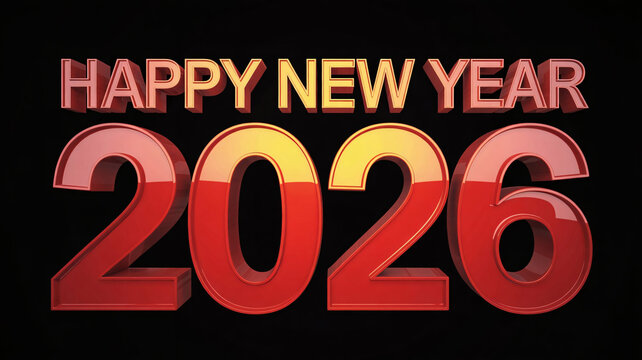 Happy New Year 2026 Metallic Red and Gold 3D Text on Black Background