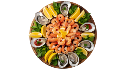 Seafood platter with shrimp oysters and lemon isolated on transparent background