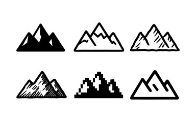 Diverse mountain icons in monochrome styles for design projects