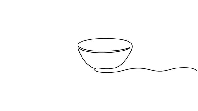 Self drawing minimalist one-line drawing of a bowl on a surface. Full length one line animation