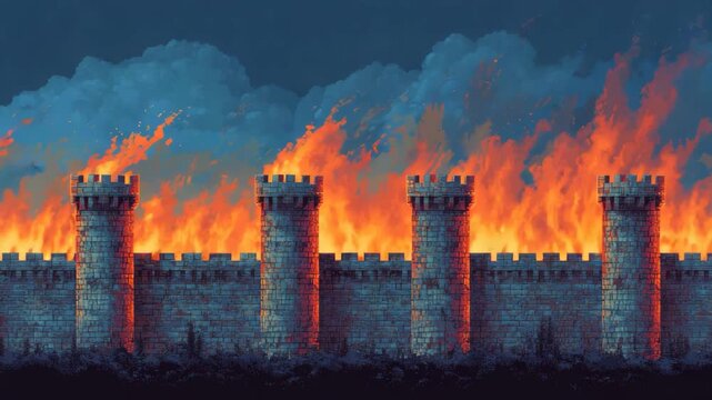 Pixel art castle towers burning in night battle
