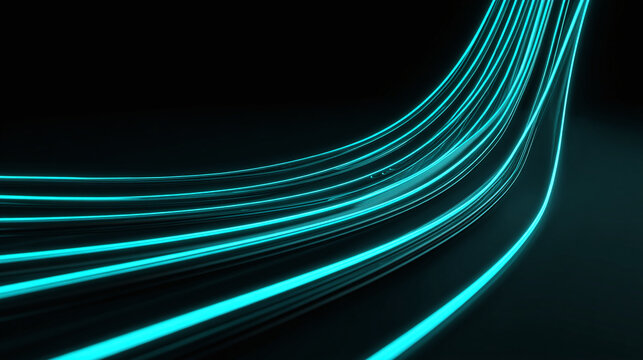 Dynamic abstract of glowing blue lines against a dark background, representing technology and data flow - Powered by Adobe