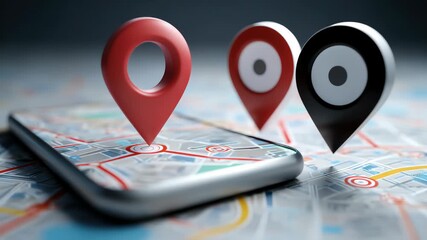 Smartphone with map, 3D Map pins, GPS, navigator pin checking points, 3D World Map icon, technology and application mobile smart phone with mobile, delivery tracking, transportation, generate by AI - Powered by Adobe