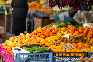 Vibrant assortment of fresh fruits and vegetables at farmers market showcasing freshness, abundance, and colorful produce perfect for food, market, and lifestyle themes.