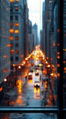 Obraz premium A view of a city street at night through a rain-covered window, with lights reflecting on the wet pavement.