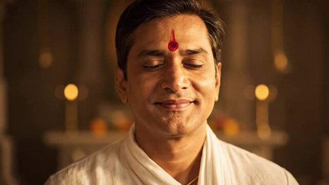 Calm man, eyes closed, bindi on forehead, embodying peace and spiritual reflection