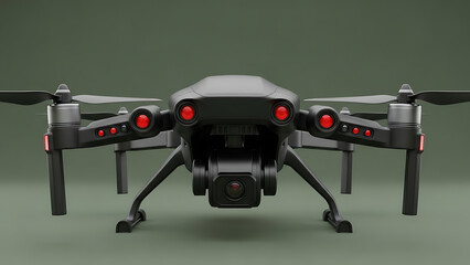 Fototapeta premium A Sleek Surveillance Drone Robot with Multiple Red Camera Lenses on a Solid Military Green Background