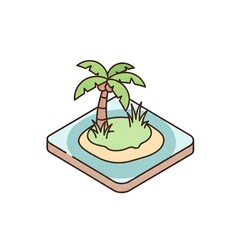 Isometric Tropical Island Illustration with Palm Tree and Sandy Beach.