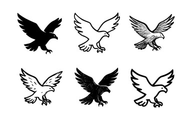 Fototapeta premium Collection of eagles: silhouette, sketches, and ink drawings in black and white