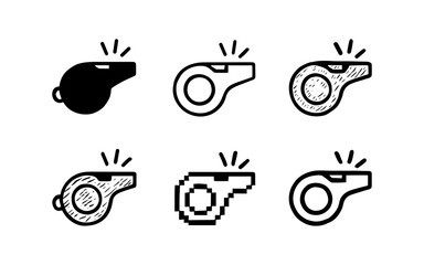 Diverse whistle icons: linear, pixel, and solid variations for sports and alerts