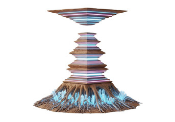 Futuristic tree structure with glowing neon lights and crystals isolated on transparent background for fantasy art and game assets