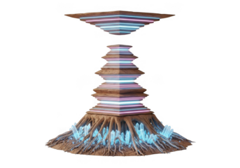 Futuristic tree structure with glowing neon lights and crystals isolated on transparent background for fantasy art and game assets