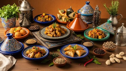 Fototapeta premium A Delicious Assortment of Traditional Moroccan Cuisine, Beautifully Presented on a Wooden Table