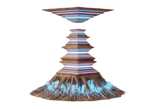 Futuristic tree structure with glowing neon lights and crystals isolated on transparent background for fantasy art and game assets