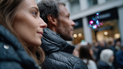 Naklejka premium A close-up shot of a couple engaged in a moment of connection as they watch the hustle and bustle of a busy street filled with people and vibrant city life.