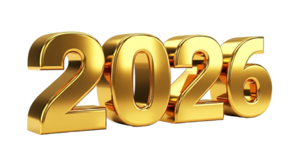 Golden 2026 year numerals shine brightly against a black backdrop symbolizing future celebrations and new beginnings with a luxurious metallic finish on transparent background