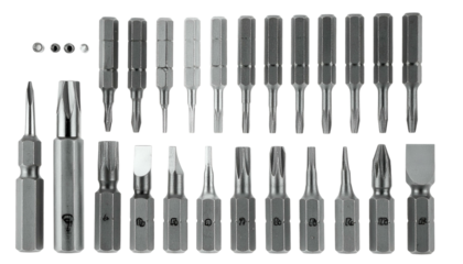 Arranged gray assortment of screwdriver bits with varied shapes