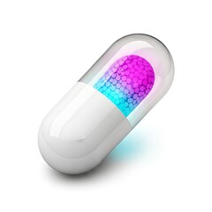Futuristic Capsule Pill with Glowing Colorful Contents on White.