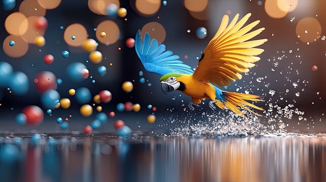 A vibrant macaw bird in mid-flight, wings spread, with water droplets and a bokeh effect background.