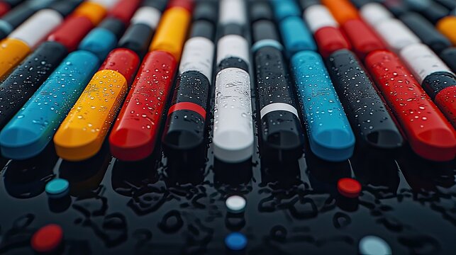 Close-up of a collection of colorful pens with water droplets on a reflective surface, creating a vibrant and artistic composition.