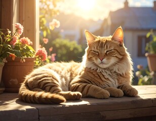 Relaxed Tabby Cat Basking in Sunlight.