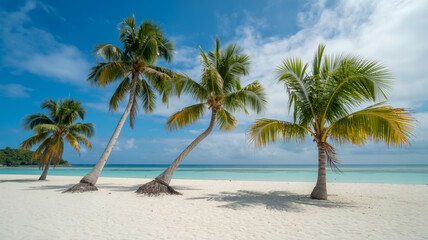 Tropical beach with palm trees and turquoise water under a blue sky