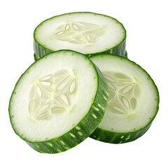 A close up of three cucumber slices stacked on top of each other against a black background