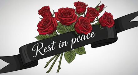 Elegant red roses with a black ribbon and 'Rest in Peace' script create a comforting sympathy card or memorial announcement design element for remembrance