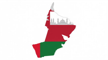 Oman map silhouette with flag colors and mosque landmark