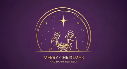 Elegant golden Nativity scene for a joyous Merry Christmas and Happy New Year on festive purple background, perfect for holiday cards and social media