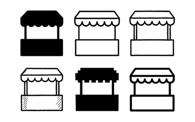 Set of minimalist market stalls in linear and silhouette designs