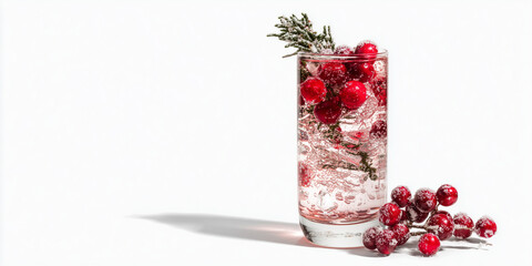 glass filled with cranberry juice, vibrant red liquid, gray and white background, soft lighting, depth of field effect, suitable for beverage advertisements, social media posts, culinary blogs