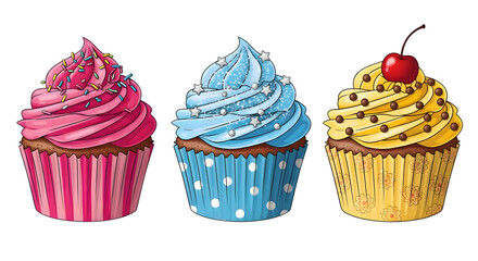 Three colorful cupcakes with different frosting flavors isolated on transparent background