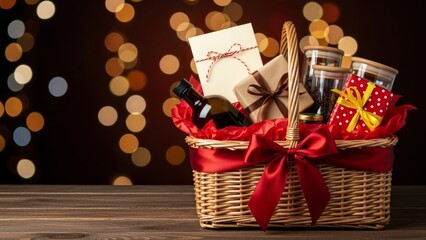 Festive holiday gift basket filled with delicious treats and elegant presents